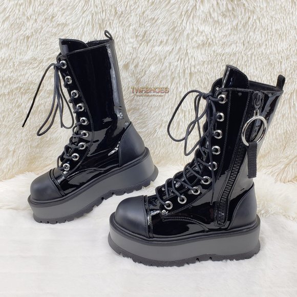 Patent Matte Platform Mid Calf Goth Punk Boots - Picture 10 of 14